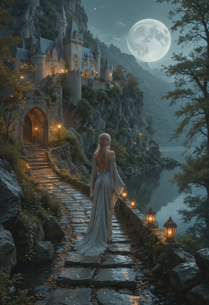Walks along a stone path leading to an elegant elven castle